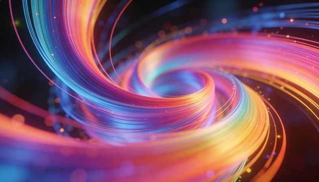 Vibrant neon light vortex swirling colorful fiber strands with glowing particle trails