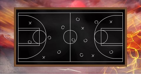 Basketball Strategy Diagram on Blackboard with Light Trails Background