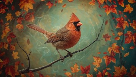 Illustrious Northern Cardinal in Twirling Autumn Splendor