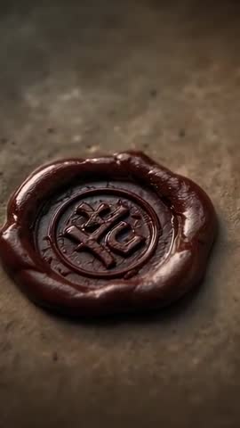 Revealing macro wax seal with embossed monogram on aged parchment, vertical cinematic clip