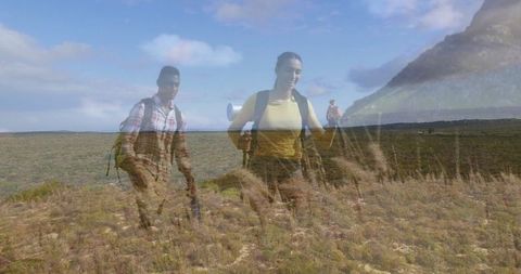 Hiking adventure in rugged wilderness with smiling couple