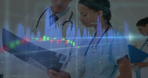 Clinicians reviewing charts while analyzing candlestick data for healthcare analytics