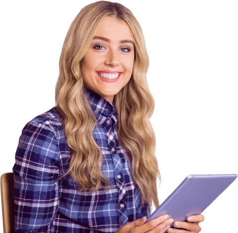 Transparent background smiling woman using tablet in casual plaid shirt