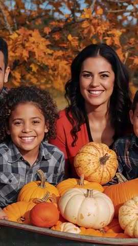 Vertical autumn family posing at pumpkin patch, smiling mother and children with pumpkins