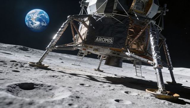 Futuristic Lunar Lander Touching Down on Cratered Surface with Earthrise