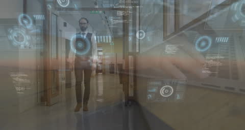 High-Tech Businessman Navigating Digital Interface Hallway