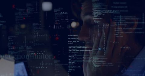 Developer analyzing code, facing computer screen late at night