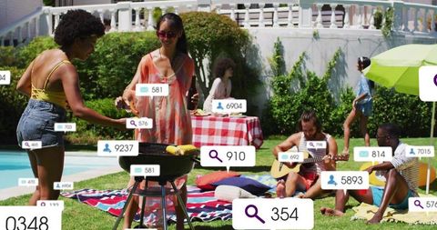 Friends grilling and playing guitar by pool with social media notification overlays