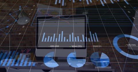 Digital workspace with futuristic 3d charts on monitor