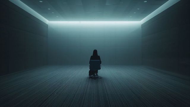 Solitary silhouette sitting in minimalist corporate room with moody cove lighting