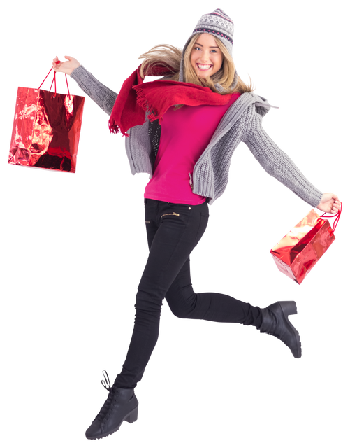 Blonde Woman Joyfully Shopping with Winter Attire Transparent - Download Free Stock Videos Pikwizard.com