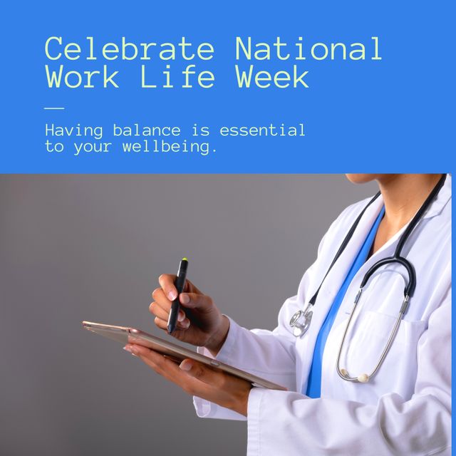 Female doctor promoting the importance of work-life balance during National Work Life Week. Suitable for campaigns on healthcare, well-being, professional balance, and wellness programs.