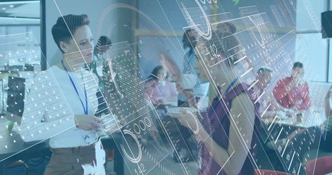 Two professionals presenting in modern conference room with futuristic HUD data overlay and teamwork