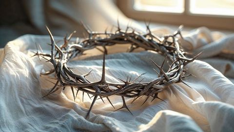 Crown of thorns on sunlit fabric symbolizing jesus' sacrifice and spiritual reflection