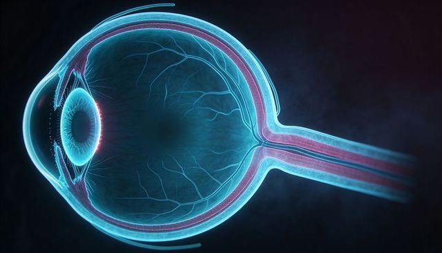 Neon cross-section highlighting cornea lens retina and optic nerve anatomy 3d medical illustration