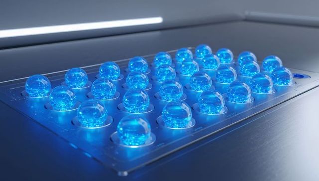 Glowing cyan orbs in precision metal tray on laboratory bench with led backlight