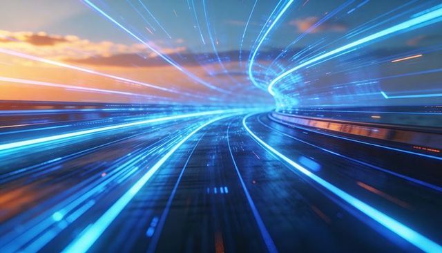 Neon blue light-speed curve on futuristic reflective roadway with orange metal rails at sunset