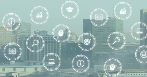 Futuristic Digital Icons over Urban Cityscape Representing Global Networking - Download Free Stock Images Pikwizard.com