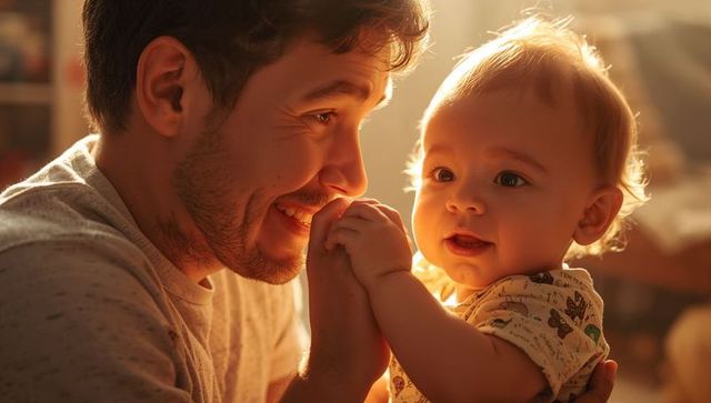 Smiling dad holding baby hands in warm golden backlight sharing tender bonding moment