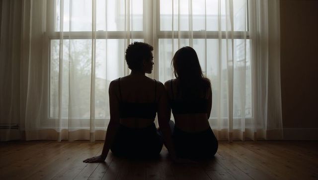 Sitting together silhouettes by window with sheer curtains minimalist moody interior