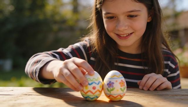 Smiling girl arranging hand-painted easter eggs on wooden table in sunlit backyard
