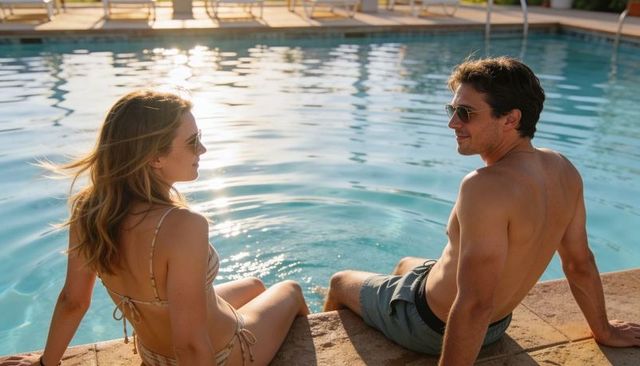 Sunlit couple relaxing poolside chatting and dipping feet in clear water