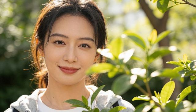 Smiling asian woman enjoying sunlit garden greenery wearing gray hoodie and shoulder bag