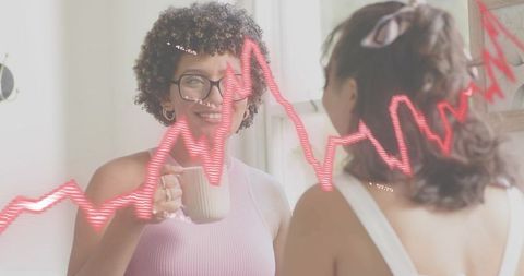 Women chatting over coffee at home with red waveform overlay conveying conversation mood