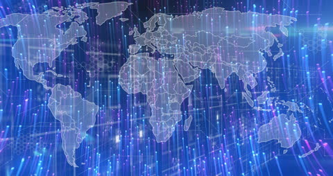 Futuristic World Map with Digital Light Trails