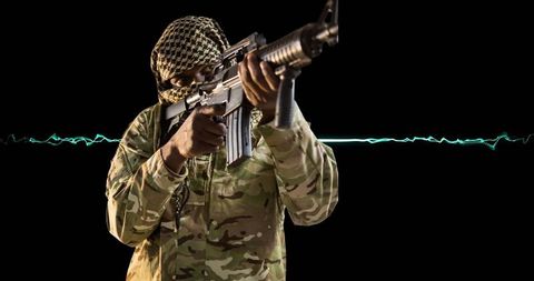 Camo-Clad Soldier Aiming in Darkness with Digital Wave