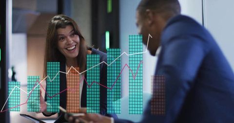 Smiling colleagues discussing analytics with dynamic bar chart overlay for mobile video