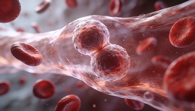 Dividing cell elongating at cleavage furrow inside capillary with red blood cells