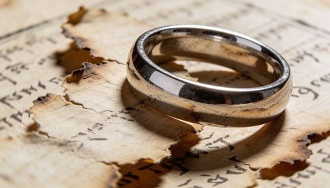 Polished silver wedding band resting on scorched ancient parchment, macro closeup