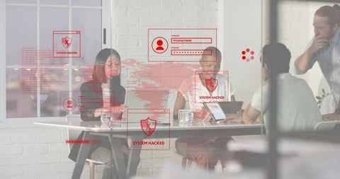 Business team confronting cybersecurity breach during meeting with red system hacked alerts