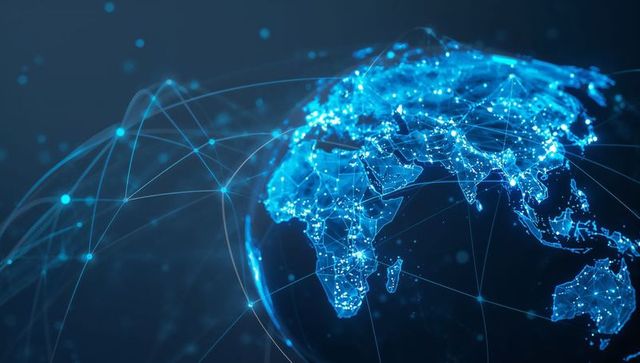 Global network hologram connecting Africa, Europe, Asia, Australia with glowing data nodes