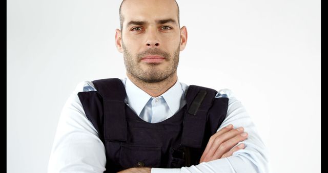 A confident young Caucasian businessman is pictured against a white background, with copy space. His arms are crossed, and he wears a blue shirt with a vest, projecting a professional and assertive demeanor.