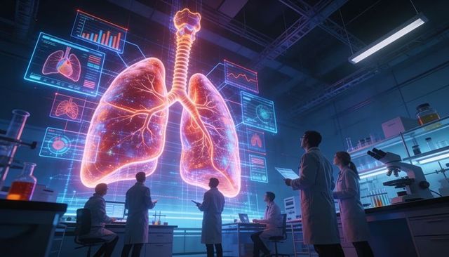Analyzing holographic lungs using ai diagnostics in futuristic medical research lab