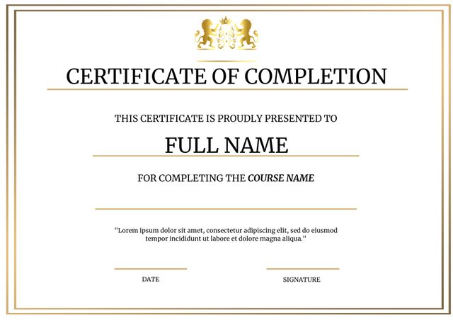 Elegant Certificate of Completion Template with Gold Frame and Customizable Fields - Download Free Stock Templates Pikwizard.com