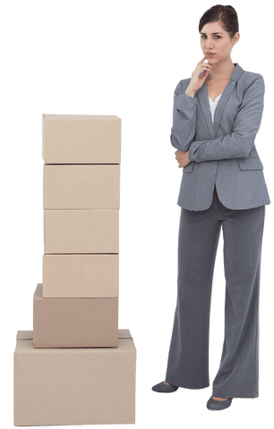 Businesswoman Pondering Strategy Near Cardboard Boxes Transparent - Download Free Stock Videos Pikwizard.com