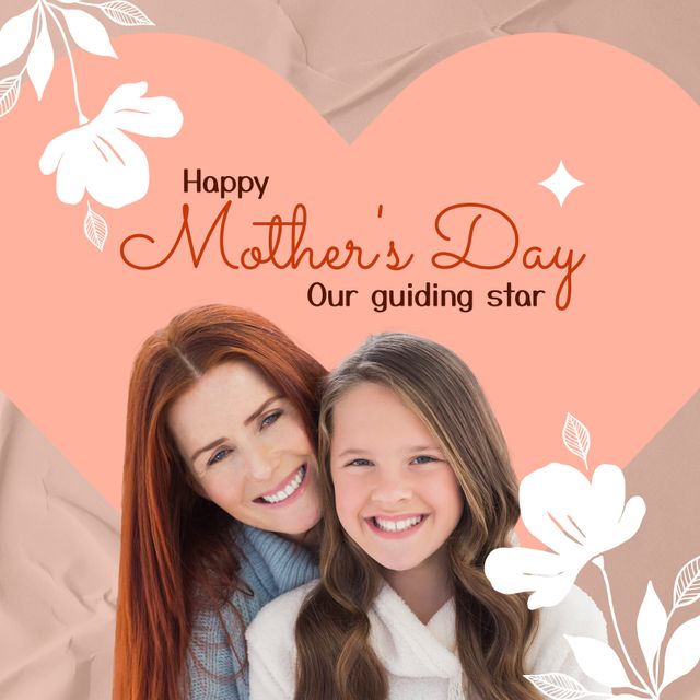 Mother's Day card featuring a warm and joyful Caucasian mother and daughter, both smiling affectionately. It includes floral illustrations and a heartfelt message, making it perfect for celebrating mothers and expressing love and appreciation on Mother's Day.