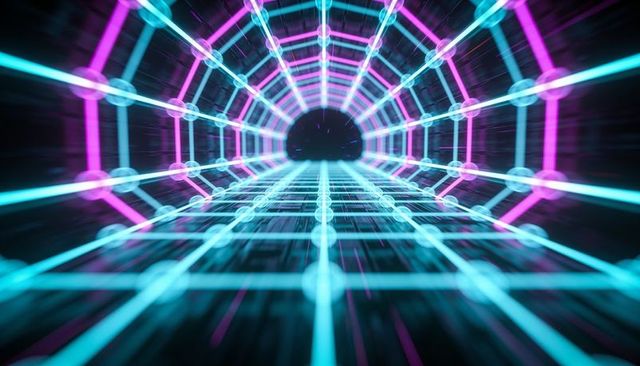 Neon cyber tunnel grid receding into digital vortex with cyan magenta futuristic glow