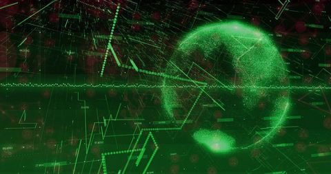 Neon Green Holographic Globe with Financial Charts, Candlesticks and Data Grid Visualization