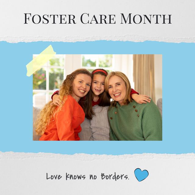 Photograph depicting Foster Care Month celebration, featuring a young girl happily embracing two women, symbolizing the loving bond and support within foster families. Perfect for use in foster care awareness campaigns, promotional materials for adoption services, family support programs, and social media posts encouraging foster care and adoption.
