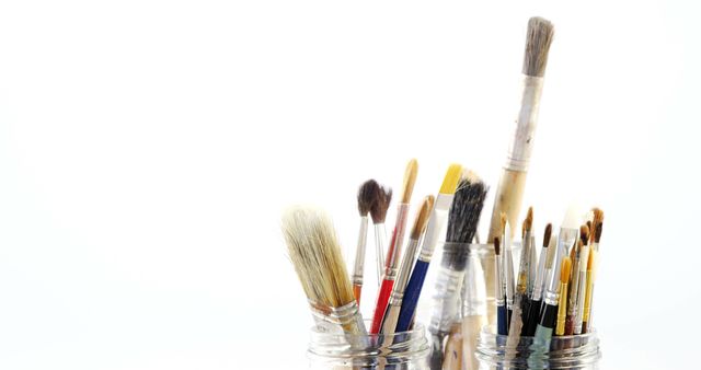 Assortment of various paintbrushes stored in glass jars on a white backdrop. Ideal for use in materials related to art, creativity, painting techniques, or artist studios. Suitable for educational content about art supplies, artistic workshops, or creative promotional materials.