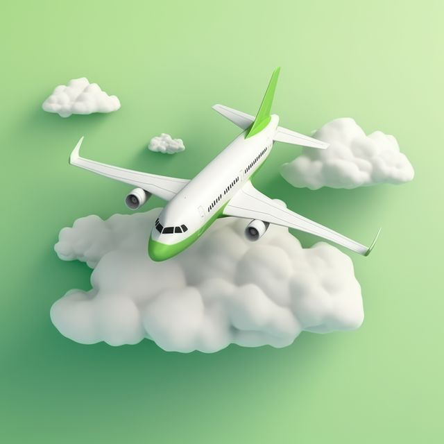 Passenger jet plane and clouds on pale green background, created using generative ai technology. Air travel, transport, exploration and vacations, digitally generated image.