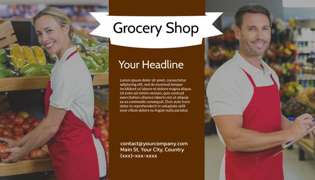 Perfect for marketing materials, retail store promotions, and advertisement posters. Use this to highlight the quality and friendliness of staff, and the freshness of produce, reinforcing trust with customers. Ideal for local grocery shops aiming to attract and retain customers.