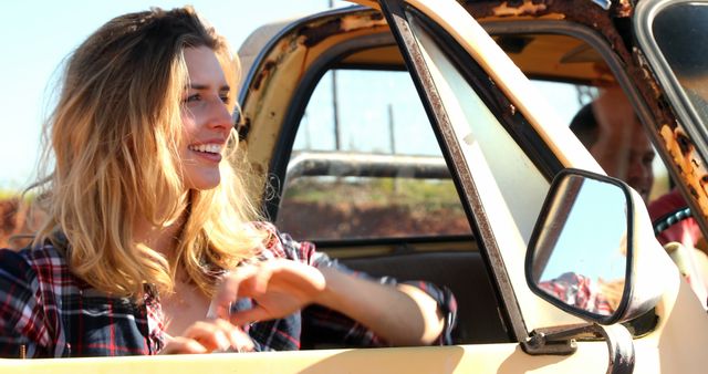 Happy Young Woman Driving Vintage Car at Sunset - Download Free Stock Images Pikwizard.com