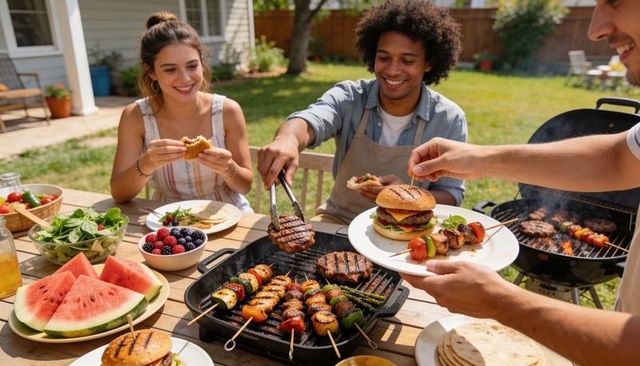 Friends grilling burgers and colorful skewers during sunny backyard summer barbecue