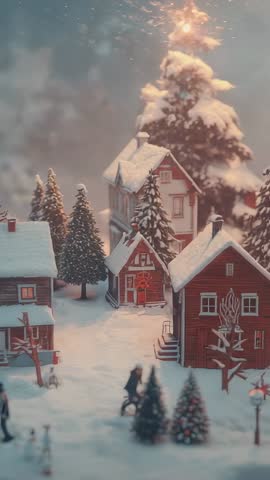 Panning vertical across snowy miniature village revealing walking family and cyclist