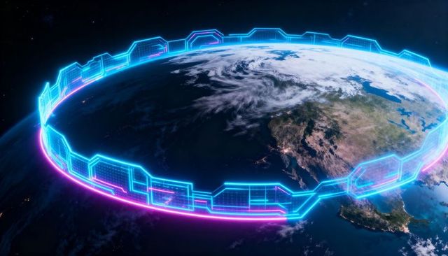 Holographic neon orbital ring encircling earth with cyan magenta panel grid, futuristic halo